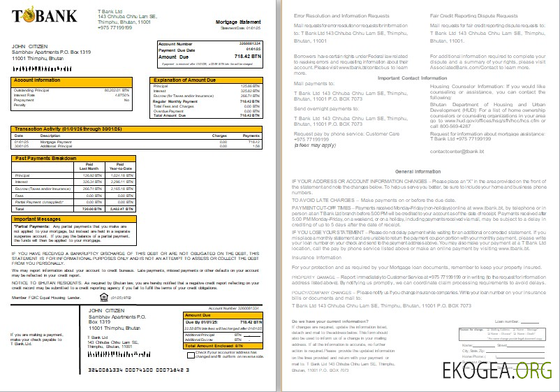 Relevé hypothécaire bancaire du Bhoutan T, 2 pages, 1, 2 scr